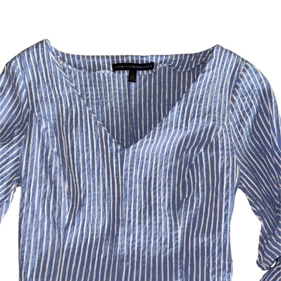 White House Black Market Blue & White Stripe Seersucker Ruffle Sleeve Blouse-Siz - Picture 2 of 8
